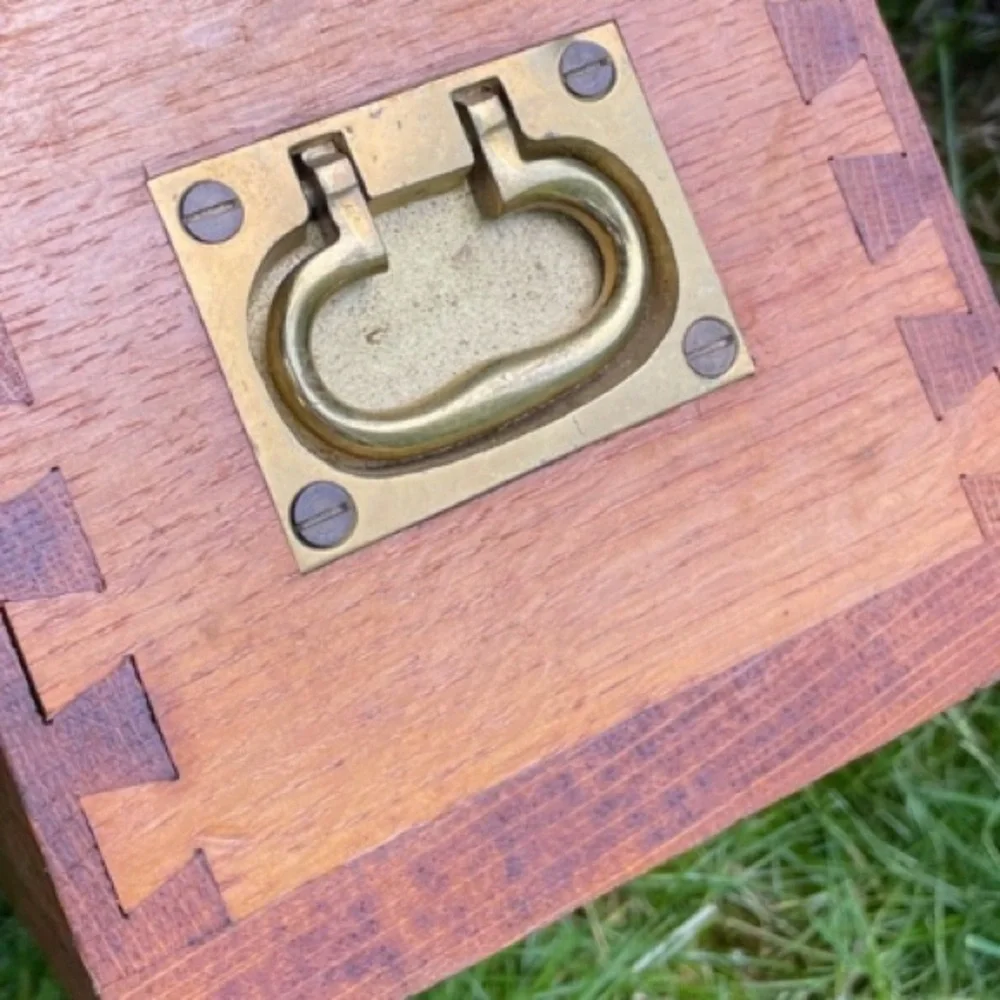 Antique Wooden Oak Box with Dovetail Joints, Brass Handles & Hooks